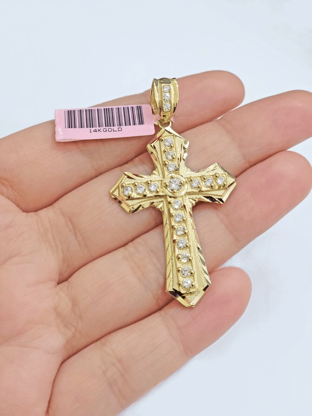 Real 14k Yellow Gold Cross Charm Pendant 2 Inch Diamond Cuts CZ Charm For Chains - GoldenlinQ